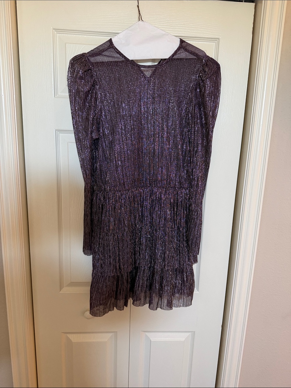Sabina Musayev Shimmery Dark Plum Long-Sleeve Pleated Belted Mini Dress